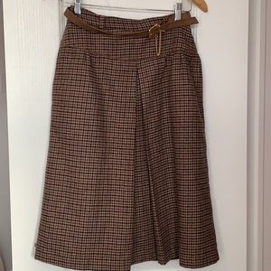 Brown Houndstooth with Belt A-Line Skirt